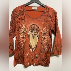 CACTUS BAY APPAREL Women's V-Neck 3/4 Slv Southwest Geometric Design Top Size M